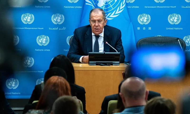 NEW YORK, NEW YORK - SEPTEMBER 23: Russian Foreign Minister Sergey Lavrov holds a press conference during the United Nations General Assembly (UNGA) at the United Nations headquarters on September 23, 2023 in New York City. Heads of state and governments from at least 145 countries are gathered for the 78th UNGA session amid the ongoing war in Ukraine and natural disasters such as earthquakes, floods and fires around the globe. (Photo by David Dee Delgado/Getty Images)