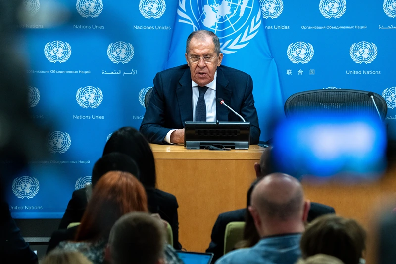 NEW YORK, NEW YORK - SEPTEMBER 23: Russian Foreign Minister Sergey Lavrov holds a press conference during the United Nations General Assembly (UNGA) at the United Nations headquarters on September 23, 2023 in New York City. Heads of state and governments from at least 145 countries are gathered for the 78th UNGA session amid the ongoing war in Ukraine and natural disasters such as earthquakes, floods and fires around the globe. (Photo by David Dee Delgado/Getty Images)