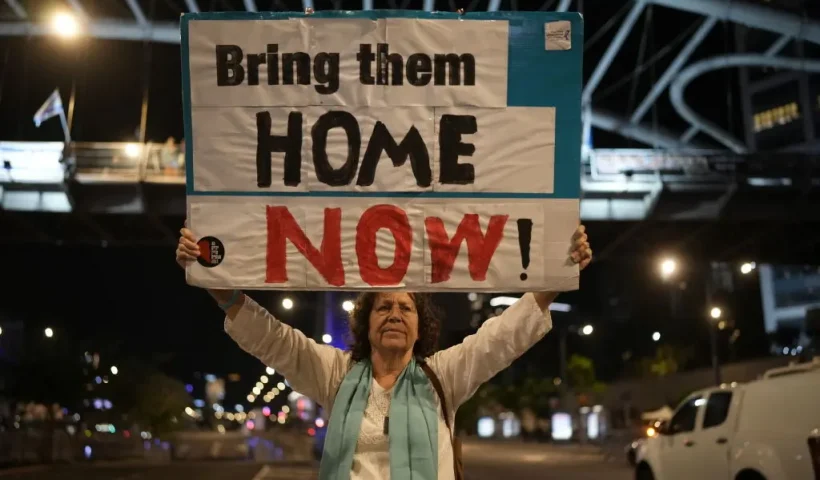 TEL AVIV, ISRAEL - NOVEMBER 21: People demonstrate prior any hostage announcements outside the Kirya defense complex as the political cabinet hold a meeting on November 21, 2023 in Tel Aviv, Israel. Families and supporters of hostages held by Hamas in Gaza gathered near The Kirya defense complex this evening as the Israeli cabinet convened regarding a proposed deal with Hamas for the release of some hostages. The full terms of such a deal were not clear, but both the Israeli prime minister and Hamas leader reported progress. (Photo by Christopher Furlong/Getty Images)