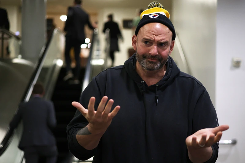 WASHINGTON, DC - NOVEMBER 15: U.S. Sen. John Fetterman (D-PA) speaks to members of the press at the U.S. Capitol on November 15, 2023 in Washington, DC. The Senate is expected to vote soon on a continuing resolution that will avoid a government shutdown after midnight on this Friday. (Photo by Alex Wong/Getty Images)