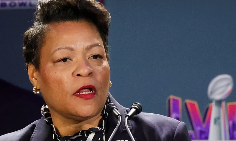 New Orleans Mayor LaToya Cantrell speaks at a Super Bowl Host Committee handoff news conference at the Mandalay Bay Convention Center on February 12, 2024 in Las Vegas, Nevada. (Photo by Ethan Miller/Getty Images)