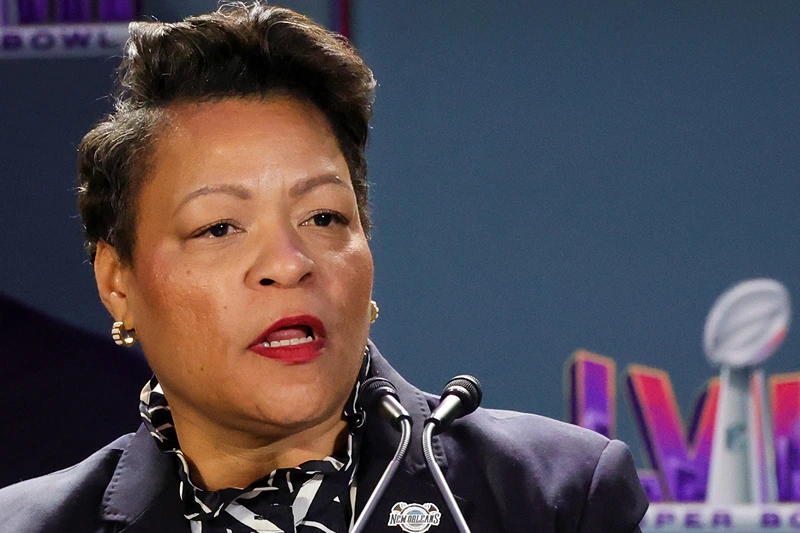 New Orleans Mayor LaToya Cantrell speaks at a Super Bowl Host Committee handoff news conference at the Mandalay Bay Convention Center on February 12, 2024 in Las Vegas, Nevada. (Photo by Ethan Miller/Getty Images)