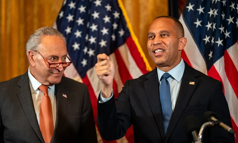 WASHINGTON, DC - JULY 23: House Minority Leader Hakeem Jeffries (D-NY) speaks as Senate Majority Leader Chuck Schumer (D-NY) looks on at a news conference at the Democratic Senatorial Campaign Committee on Capitol Hill on July 23, 2024 in Washington, DC. The Democratic leaders endorsed Vice President Kamala Harris as their party's presidential nominee, after President Joe Biden announced that he would be dropping out earlier this week.(Photo by Kent Nishimura/Getty Images)
