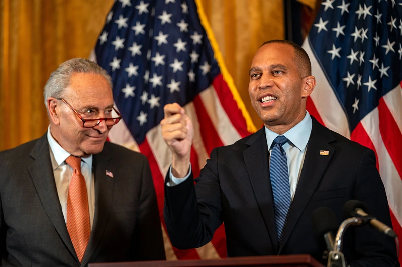 WASHINGTON, DC - JULY 23: House Minority Leader Hakeem Jeffries (D-NY) speaks as Senate Majority Leader Chuck Schumer (D-NY) looks on at a news conference at the Democratic Senatorial Campaign Committee on Capitol Hill on July 23, 2024 in Washington, DC. The Democratic leaders endorsed Vice President Kamala Harris as their party's presidential nominee, after President Joe Biden announced that he would be dropping out earlier this week.(Photo by Kent Nishimura/Getty Images)