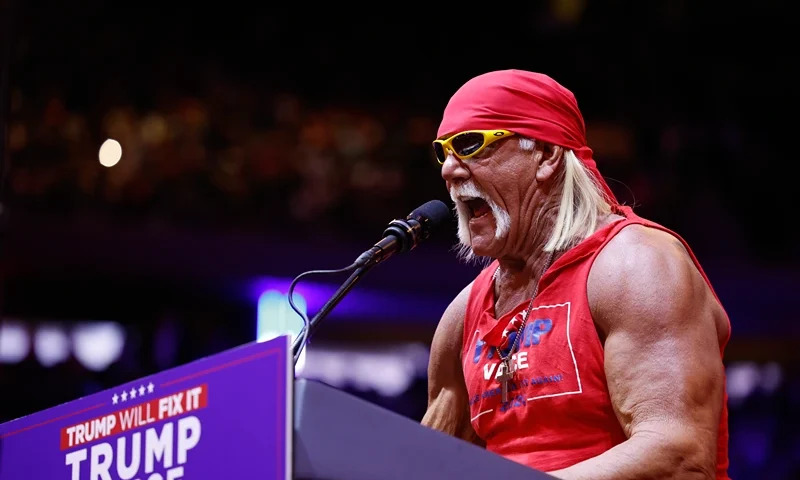 Hulk Hogan speaks during a campaign rally for Republican presidential nominee, former U.S. President Donald Trump at Madison Square Garden on October 27, 2024 in New York City. Trump closed out his weekend of campaigning in New York City with a guest list of speakers that includes his running mate Republican Vice Presidential nominee, U.S. Sen. J.D. Vance (R-OH), Tesla CEO Elon Musk, UFC CEO Dana White, and House Speaker Mike Johnson, among others, nine days before Election Day. (Photo by Anna Moneymaker/Getty Images)