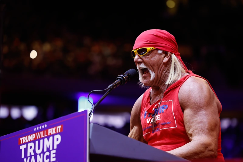 Hulk Hogan speaks during a campaign rally for Republican presidential nominee, former U.S. President Donald Trump at Madison Square Garden on October 27, 2024 in New York City. Trump closed out his weekend of campaigning in New York City with a guest list of speakers that includes his running mate Republican Vice Presidential nominee, U.S. Sen. J.D. Vance (R-OH), Tesla CEO Elon Musk, UFC CEO Dana White, and House Speaker Mike Johnson, among others, nine days before Election Day. (Photo by Anna Moneymaker/Getty Images)