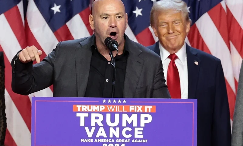 CEO of the Ultimate Fighting Championship Dana White speaks during an election night event for Republican presidential nominee, former U.S. President Donald Trump at the Palm Beach Convention Center on November 06, 2024 in West Palm Beach, Florida. Americans cast their ballots today in the presidential race between Republican nominee former President Donald Trump and Vice President Kamala Harris, as well as multiple state elections that will determine the balance of power in Congress. (Photo by Win McNamee/Getty Images)