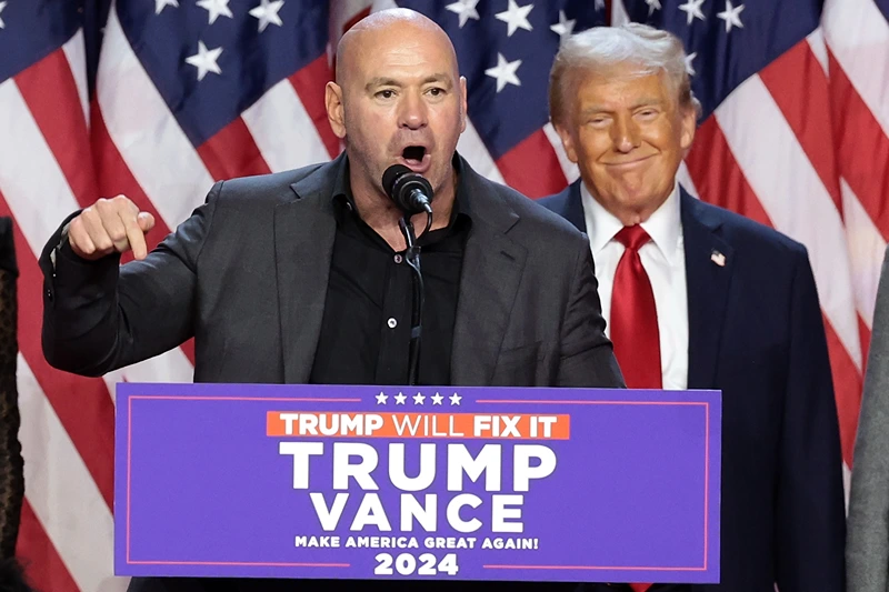 CEO of the Ultimate Fighting Championship Dana White speaks during an election night event for Republican presidential nominee, former U.S. President Donald Trump at the Palm Beach Convention Center on November 06, 2024 in West Palm Beach, Florida. Americans cast their ballots today in the presidential race between Republican nominee former President Donald Trump and Vice President Kamala Harris, as well as multiple state elections that will determine the balance of power in Congress. (Photo by Win McNamee/Getty Images)