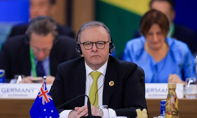 RIO DE JANEIRO, BRAZIL - NOVEMBER 18: Anthony Albanese prime minister of Australia listens during the first working session as part of the G20 Summit 2024 at Museu de Arte Moderna on November 18, 2024 in Rio de Janeiro, Brazil. The 2024 G20 Summit takes place in Brazil for the first time. The event gathers leaders of the most important economies. Starvation, sustainable development and social inclusion are some of the issues to be during the summit. (Photo by Buda Mendes/Getty Images)