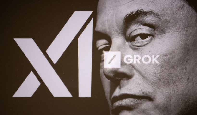Double exposure photograph of a portrait of elon musk and a telephone displaying the grok artificial intelligence logo in Kerlouan in Brittany in France on February 18 2025. (Photo by Vincent Feuray / Hans Lucas / Hans Lucas via AFP) (Photo by VINCENT FEURAY/Hans Lucas/AFP via Getty Images)