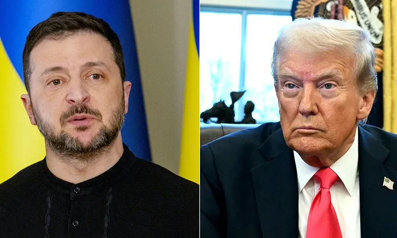 This combination of pictures created on February 25, 2025 shows Ukraine's President Volodymyr Zelensky on February 12, 2025, and US President Donald Trump on February 25, 2025. Ukraine has agreed on the terms of a minerals deal with the United States and could sign it February 28, 2025, the two countries said, a move Kyiv hopes will lead to future security guarantees from Washington. The Ukrainian source said President Volodymyr Zelensky could sign the deal on a trip to Washington as early as February 28, 2025, -- a timetable confirmed by Trump. (Photo by Tetiana DZHAFAROVA and Jim WATSON / AFP) (Photo by TETIANA DZHAFAROVA,JIM WATSON/AFP via Getty Images)