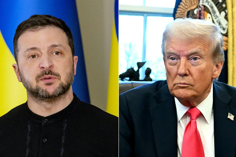 This combination of pictures created on February 25, 2025 shows Ukraine's President Volodymyr Zelensky on February 12, 2025, and US President Donald Trump on February 25, 2025. Ukraine has agreed on the terms of a minerals deal with the United States and could sign it February 28, 2025, the two countries said, a move Kyiv hopes will lead to future security guarantees from Washington. The Ukrainian source said President Volodymyr Zelensky could sign the deal on a trip to Washington as early as February 28, 2025, -- a timetable confirmed by Trump. (Photo by Tetiana DZHAFAROVA and Jim WATSON / AFP) (Photo by TETIANA DZHAFAROVA,JIM WATSON/AFP via Getty Images)