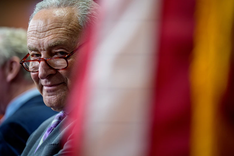 WASHINGTON, DC - MARCH 26: Senate Minority Leader Chuck Schumer (D-NY) appears at a news conference on the Trump Administration's planned cuts to the Social Security Administration at the Capitol on March 26, 2025 in Washington, DC. The news conference comes a day after Frank Bisignano, U.S. President Donald Trump's nominee to be Commissioner of Social Security Administration, testified before the Senate Finance Committee and faced questions over proposed DOGE cuts and the agency's ability to process and distribute benefit checks. (Photo by Andrew Harnik/Getty Images)
