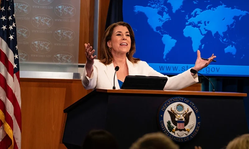 US State Department Spokesperson Tammy Bruce held a press briefing on many subjects such as the war in Ukraine and called for an end to the war on the Gaza Strip on April 29, 2025 in Washington, D.C. at the US department of state. (Photo by Andrew Thomas / Middle East Images / Middle East Images via AFP) (Photo by ANDREW THOMAS/Middle East Images/AFP via Getty Images)