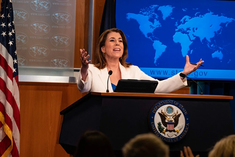 US State Department Spokesperson Tammy Bruce held a press briefing on many subjects such as the war in Ukraine and called for an end to the war on the Gaza Strip on April 29, 2025 in Washington, D.C. at the US department of state. (Photo by Andrew Thomas / Middle East Images / Middle East Images via AFP) (Photo by ANDREW THOMAS/Middle East Images/AFP via Getty Images)