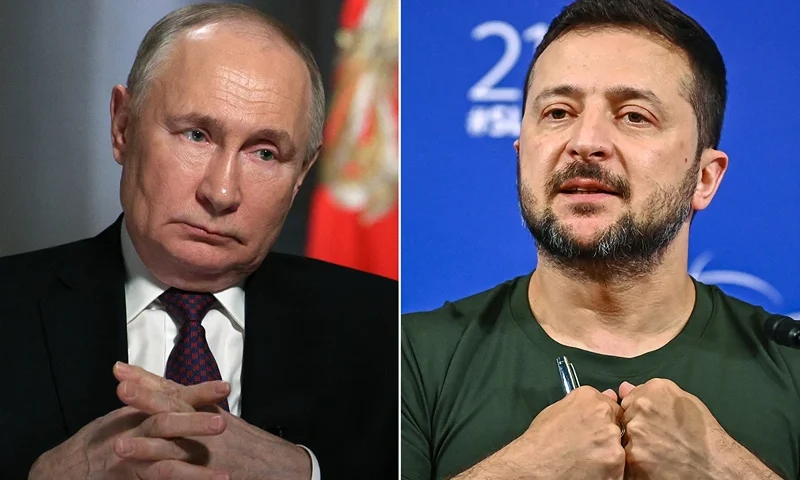 This combination of pictures created on May 12, 2025 shows a pool photograph distributed by Russia's state agency Sputnik bearing Russian President Vladimir Putin during an interview to RIA Novosti news agency at the Kremlin in Moscow on March 12, 2024 and a picture of Ukraine's President Volodymyr Zelensky during the 21st Shangri-La Dialogue summit at the Shangri-La Hotel in Singapore on June 2, 2024. Following the visit of some European leaders to Kyiv, where they called for Russia to agree to an unconditional 30-day ceasefire to allow for peace talks, Putin proposed direct negotiations with Ukraine in Istanbul on May 15, but did not respond to the European call for a 30-day ceasefire. Zelensky said he would be prepared to meet Putin in Turkey, but did not say whether he would still attend if Russia refused the European proposal. (Photo by Gavriil GRIGOROV and Nhac NGUYEN / various sources / AFP) (Photo by GAVRIIL GRIGOROVNHAC NGUYEN/POOL/AFP/AFP via Getty Images)