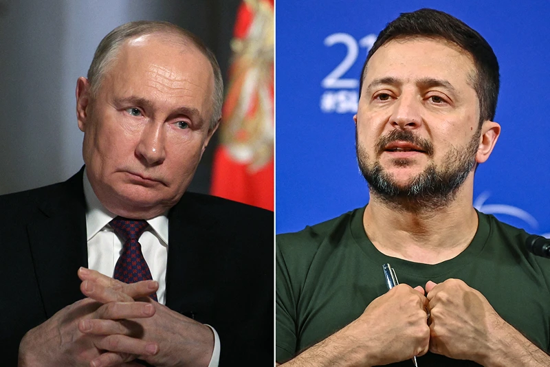 This combination of pictures created on May 12, 2025 shows a pool photograph distributed by Russia's state agency Sputnik bearing Russian President Vladimir Putin during an interview to RIA Novosti news agency at the Kremlin in Moscow on March 12, 2024 and a picture of Ukraine's President Volodymyr Zelensky during the 21st Shangri-La Dialogue summit at the Shangri-La Hotel in Singapore on June 2, 2024. Following the visit of some European leaders to Kyiv, where they called for Russia to agree to an unconditional 30-day ceasefire to allow for peace talks, Putin proposed direct negotiations with Ukraine in Istanbul on May 15, but did not respond to the European call for a 30-day ceasefire. Zelensky said he would be prepared to meet Putin in Turkey, but did not say whether he would still attend if Russia refused the European proposal. (Photo by Gavriil GRIGOROV and Nhac NGUYEN / various sources / AFP) (Photo by GAVRIIL GRIGOROVNHAC NGUYEN/POOL/AFP/AFP via Getty Images)
