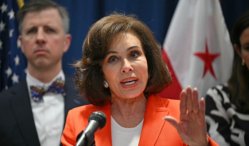 Interim US Attorney Jeanine Pirro (C) speaks during a press update on a shooting the night before, of two Israeli embassy staffers, at the US Department of Justice in Washington, DC, on May 22, 2025. Two Israeli embassy staffers, identified as Yaron Lischinsky and Sarah Lynn Milgrim by the Israeli foreign ministry, were shot dead late May 21, outside a Jewish museum in Washington by a gunman who shouted "free Palestine," authorities said, with US officials and Israeli diplomats expressing shock and outrage over the killings. (Photo by Drew ANGERER / AFP) (Photo by DREW ANGERER/AFP via Getty Images)