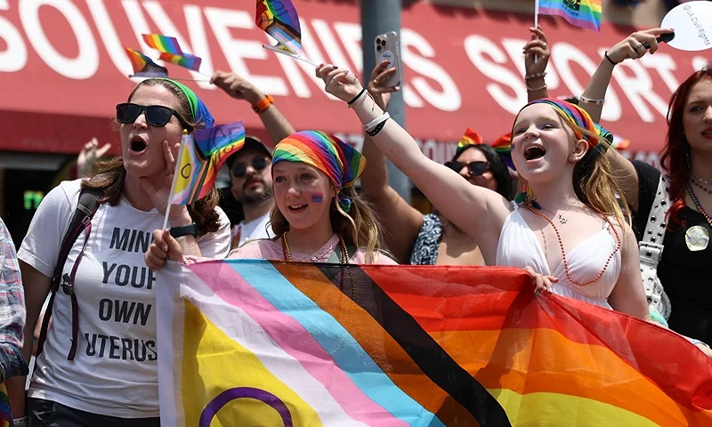 Spectators cheer at the 55th Annual LA Pride Parade celebrating lesbian, gay, bisexual, transgender and queer (LGBTQ+) social and self-acceptance, achievements and legal rights, on June 8, 2025 in Hollywood, California. (Photo by BLAKE FAGAN/AFP via Getty Images)