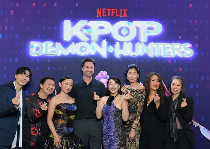 (L-R) Kevin Woo, Ken Jeong, Ji-young Yoo, Chris Appelhans, Arden Cho, May Hong, Michelle Wong and Maggie Kang attend the KPop Demon Hunters Special Screening at Netflix Tudum Theater on June 16, 2025 in Los Angeles, California. (Photo by Charley Gallay/Getty Images for Netflix)