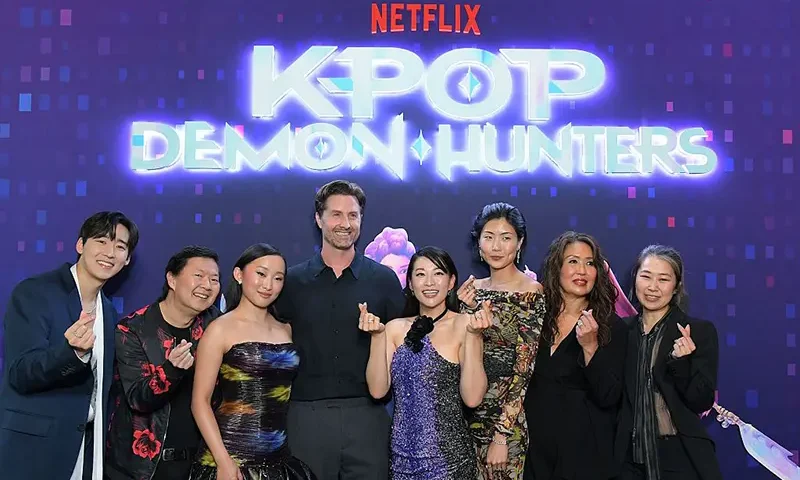 (L-R) Kevin Woo, Ken Jeong, Ji-young Yoo, Chris Appelhans, Arden Cho, May Hong, Michelle Wong and Maggie Kang attend the KPop Demon Hunters Special Screening at Netflix Tudum Theater on June 16, 2025 in Los Angeles, California. (Photo by Charley Gallay/Getty Images for Netflix)
