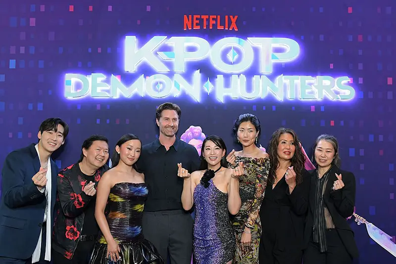 (L-R) Kevin Woo, Ken Jeong, Ji-young Yoo, Chris Appelhans, Arden Cho, May Hong, Michelle Wong and Maggie Kang attend the KPop Demon Hunters Special Screening at Netflix Tudum Theater on June 16, 2025 in Los Angeles, California. (Photo by Charley Gallay/Getty Images for Netflix)