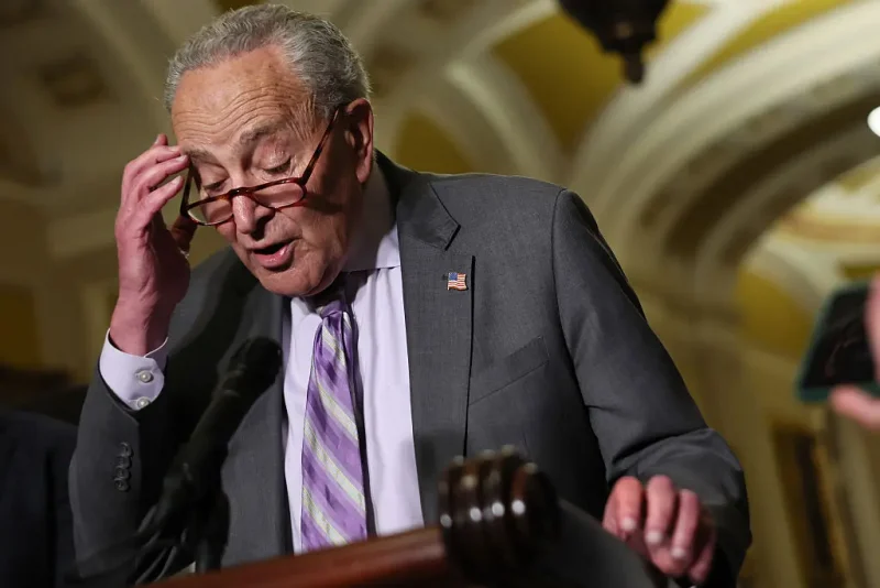 WASHINGTON, DC - JULY 15: Senate Minority Leader Sen. Chuck Schumer (D-NY) gives a statement after a policy luncheon with Democratic senators at the U.S. Capitol on July 15, 2025 in Washington, DC. Republican senators are considering a rescissions package that is backed by U.S. President Donald Trump that would take back $9.4 billion of congressionally approved funds. Senate is expected to vote on the rescissions package next week ahead of a July 18 deadline, with Trump threatening to withhold endorsements from Republican senators who don’t support the rescissions package. (Photo by Michael M. Santiago/Getty Images)