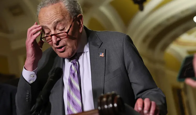 WASHINGTON, DC - JULY 15: Senate Minority Leader Sen. Chuck Schumer (D-NY) gives a statement after a policy luncheon with Democratic senators at the U.S. Capitol on July 15, 2025 in Washington, DC. Republican senators are considering a rescissions package that is backed by U.S. President Donald Trump that would take back $9.4 billion of congressionally approved funds. Senate is expected to vote on the rescissions package next week ahead of a July 18 deadline, with Trump threatening to withhold endorsements from Republican senators who don’t support the rescissions package. (Photo by Michael M. Santiago/Getty Images)
