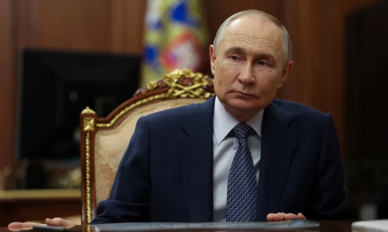 In this pool photograph distributed by the Russian state agency Sputnik, Russia's President Vladimir Putin meets with German Gref, the CEO of Russia's largest Sber bank, in Moscow on July 29, 2025. (Photo by Mikhail METZEL / POOL / AFP) (Photo by MIKHAIL METZEL/POOL/AFP via Getty Images)