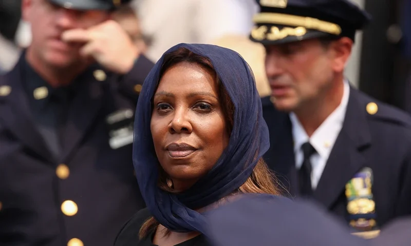 Attorney General of New York Letitia James departs the funeral service for slain NYPD officer Didarul Islam in the Bronx borough of New York City on July 31, 2025. Islam was one of four people killed when a shooter opened fire in a New York skyscraper before committing suicide on July 28. (Photo by CHARLY TRIBALLEAU / AFP) (Photo by CHARLY TRIBALLEAU/AFP via Getty Images)