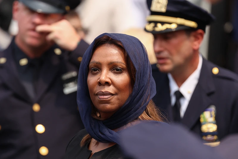 Attorney General of New York Letitia James departs the funeral service for slain NYPD officer Didarul Islam in the Bronx borough of New York City on July 31, 2025. Islam was one of four people killed when a shooter opened fire in a New York skyscraper before committing suicide on July 28. (Photo by CHARLY TRIBALLEAU / AFP) (Photo by CHARLY TRIBALLEAU/AFP via Getty Images)