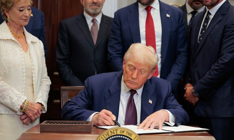 WASHINGTON, DC - JULY 31: U.S. President Donald Trump signs an executive order in the Roosevelt Room of the White House on July 31, 2025 in Washington, DC. Trump signed a series of orders that will expand on his council on sports, fitness and nutrition, including by reviving the Presidential Fitness Test in public schools. (Photo by Anna Moneymaker/Getty Images)