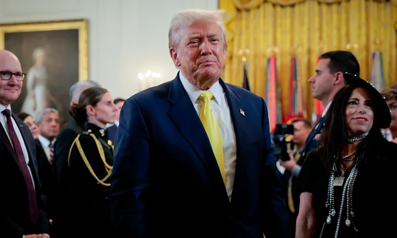 U.S. President Donald Trump departs an event to honor recipients of the Purple Heart in the East Room of the White House on August 07, 2025 in Washington, DC. The ceremony recognizes 100 veterans who were wounded in military action. (Photo by Anna Moneymaker/Getty Images)