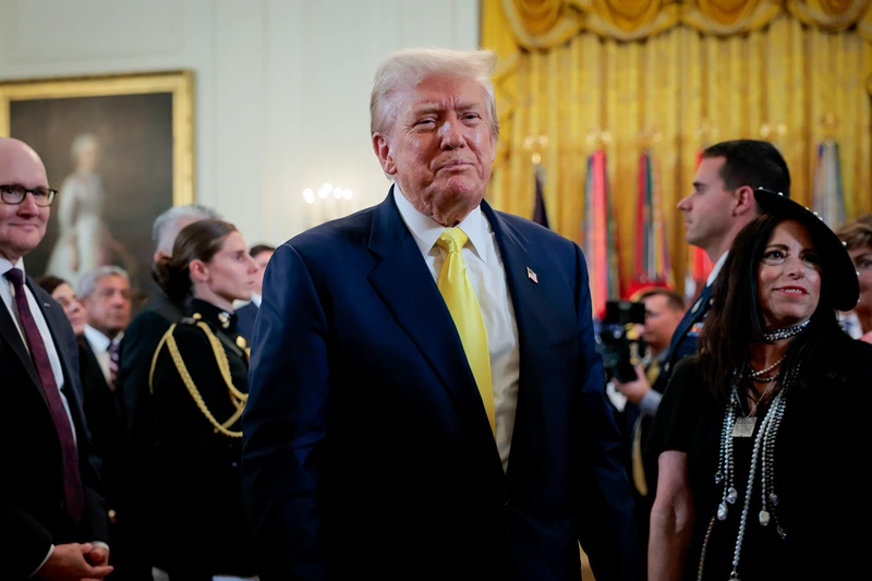 U.S. President Donald Trump departs an event to honor recipients of the Purple Heart in the East Room of the White House on August 07, 2025 in Washington, DC. The ceremony recognizes 100 veterans who were wounded in military action. (Photo by Anna Moneymaker/Getty Images)