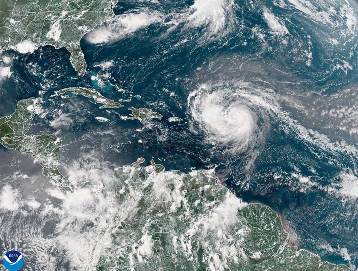 ATLANTIC OCEAN - AUGUST 15: In this NOAA image taken by the GOES satellite, Hurricane Erin crosses the Atlantic Ocean as it moves west on August 15, 2025. According to the National Hurricane Center, Erin has strengthened to a Category 1 storm as the first major hurricane of the 2025 season. (Photo by NOAA via Getty Images)