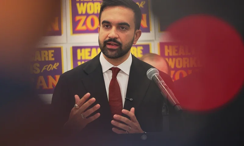 NEW YORK, NEW YORK - AUGUST 11: New York mayoral candidate Zohran Mamdani speaks during a press conference at the 1199SEIU headquarters on August 11, 2025 in New York City. Mamdani was joined by local elected officials and union delegates for 1199SEIU as he announced a "Five Boroughs Against Trump" tour that will take him to all five boroughs to speak against U.S. President Donald Trump's agenda, as he ties the mayoral candidates running against him to the president. (Photo by Michael M. Santiago/Getty Images)