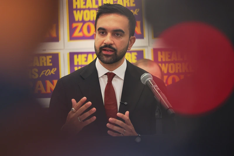 NEW YORK, NEW YORK - AUGUST 11: New York mayoral candidate Zohran Mamdani speaks during a press conference at the 1199SEIU headquarters on August 11, 2025 in New York City. Mamdani was joined by local elected officials and union delegates for 1199SEIU as he announced a "Five Boroughs Against Trump" tour that will take him to all five boroughs to speak against U.S. President Donald Trump's agenda, as he ties the mayoral candidates running against him to the president. (Photo by Michael M. Santiago/Getty Images)