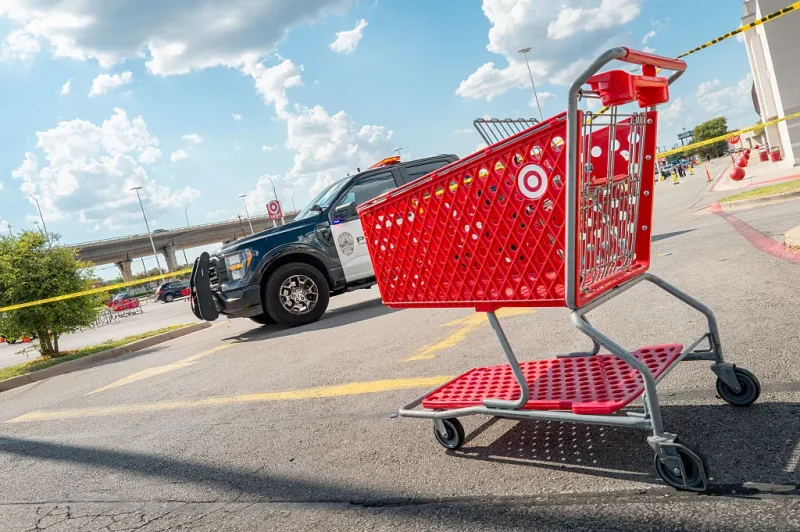 AUSTIN, TEXAS - AUGUST 11: An empty Target basket is seen near the grounds of a Target store on August 11, 2025 in Austin, Texas. 3 people have died after a gunman opened fire in the parking lot of a Target store in North Austin. The suspect has been arrested after being found by police in South Austin. (Photo by Brandon Bell/Getty Images)
