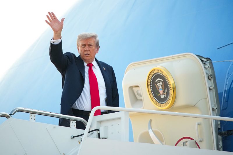 JOINT BASE ANDREWS, MARYLAND - AUGUST 15: U.S. President Donald Trump boards Air Force One on August 15, 2025 at Joint Base Andrews, Maryland. President Trump is traveling to Anchorage, Alaska, for peace talks with Russian President Vladimir Putin on the war in Ukraine. (Photo by Andrew Harnik/Getty Images)