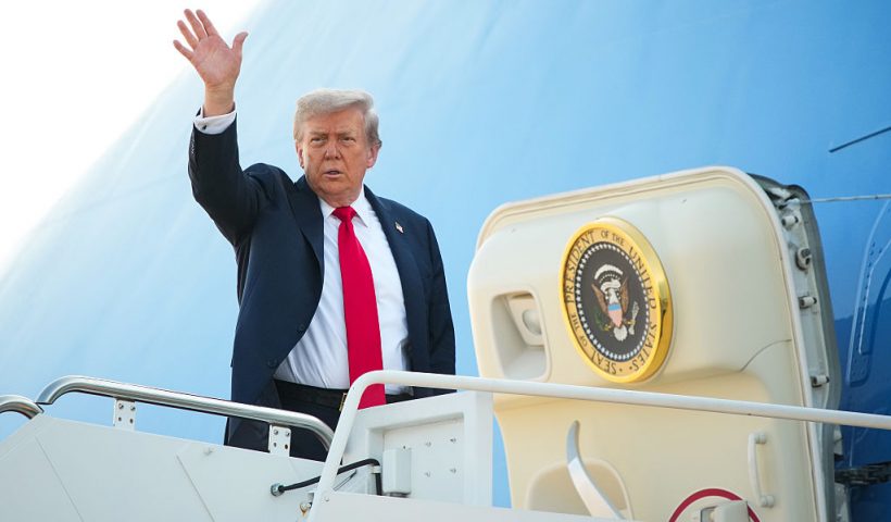 JOINT BASE ANDREWS, MARYLAND - AUGUST 15: U.S. President Donald Trump boards Air Force One on August 15, 2025 at Joint Base Andrews, Maryland. President Trump is traveling to Anchorage, Alaska, for peace talks with Russian President Vladimir Putin on the war in Ukraine. (Photo by Andrew Harnik/Getty Images)