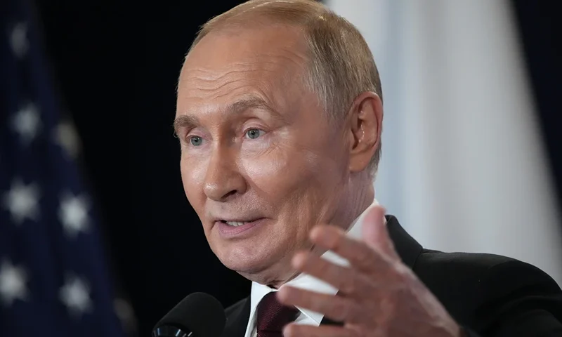 Russian President Vladimir Putin delivers a statement during a press conference with U.S. President Donald Trump at Joint Base Elmendorf-Richardson on August 15, 2025 in Anchorage, Alaska. The two leaders are meeting for peace talks aimed at ending the war in Ukraine. (Photo by Andrew Harnik/Getty Images)