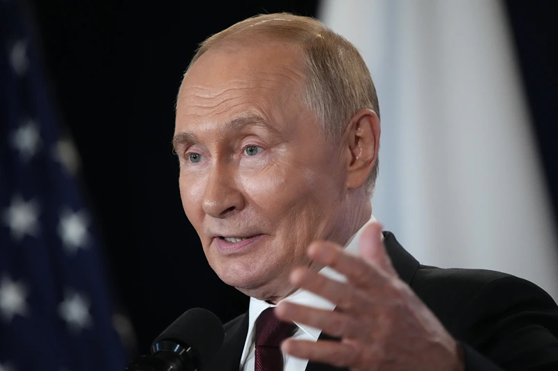 Russian President Vladimir Putin delivers a statement during a press conference with U.S. President Donald Trump at Joint Base Elmendorf-Richardson on August 15, 2025 in Anchorage, Alaska. The two leaders are meeting for peace talks aimed at ending the war in Ukraine. (Photo by Andrew Harnik/Getty Images)