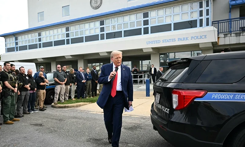 US President Donald Trump speaks while visiting federal troops at the US Park Police Anacostia operations facility in Washington, DC, on August 21, 2025. Trump said he plans to patrol Washington's streets on Thursday with troops he deployed to the US capital in a show of force against what he claims is a "crime emergency." Trump ordered hundreds of National Guard to deploy in Washington last week vowing to "take our capital back," despite protests by some residents and statistics showing violent offenses falling. (Photo by Mandel NGAN / AFP) (Photo by MANDEL NGAN/AFP via Getty Images)