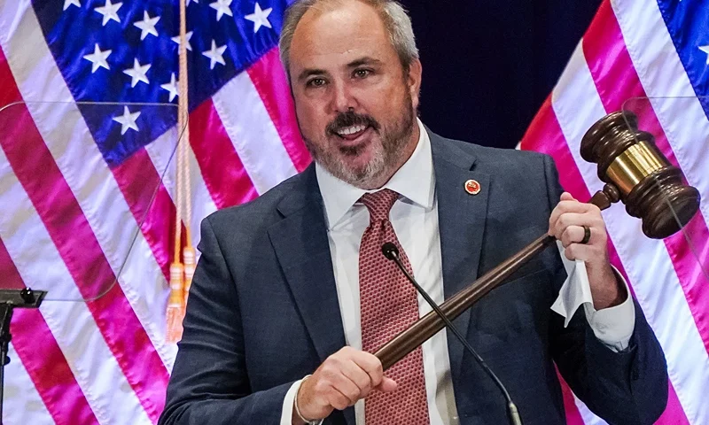 Florida state senator and newly elected RNC Chairman, Joe Gruters (R), holds a gavel as he gives his acceptance speech during the General Session of the Republican National Committee (RNC) Summer Meeting in Atlanta, Georgia on August 22, 2025. (Photo by Elijah Nouvelage / AFP) (Photo by ELIJAH NOUVELAGE/AFP via Getty Images)