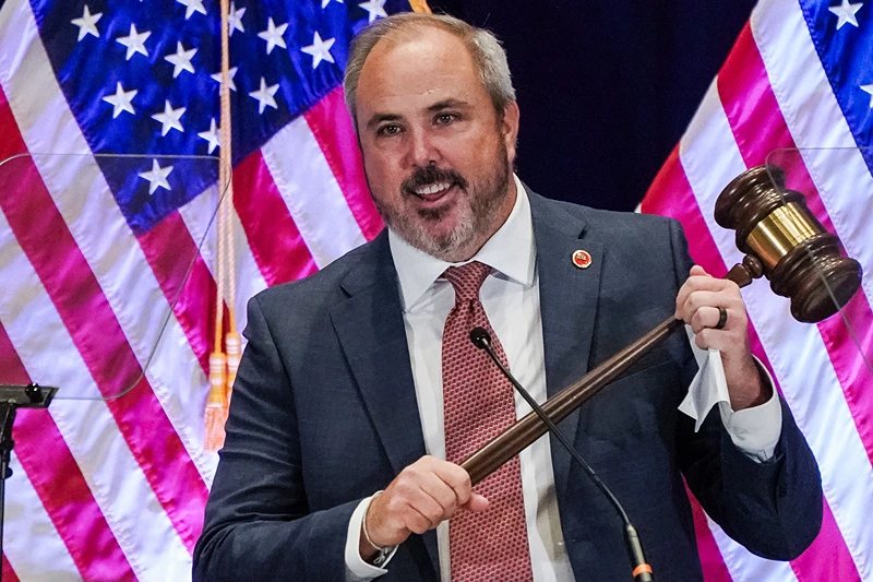 Florida state senator and newly elected RNC Chairman, Joe Gruters (R), holds a gavel as he gives his acceptance speech during the General Session of the Republican National Committee (RNC) Summer Meeting in Atlanta, Georgia on August 22, 2025. (Photo by Elijah Nouvelage / AFP) (Photo by ELIJAH NOUVELAGE/AFP via Getty Images)