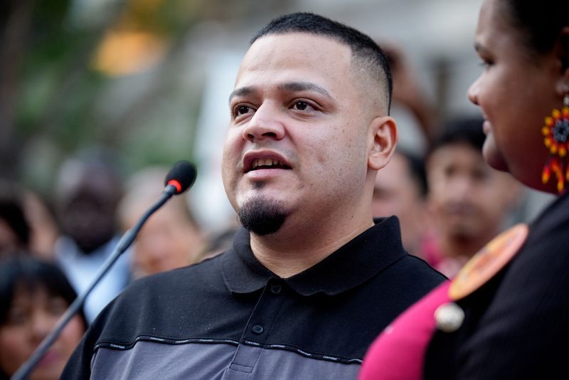 BALTIMORE, MARYLAND - AUGUST 25: Kilmar Abrego Garcia speaks during a rally and prayer vigil for him before he enters a U.S. Immigration and Customs Enforcement (ICE) field office on August 25, 2025 in Baltimore, Maryland. Three days after being released, Garcia has been detained again, as the U.S. Government is threatening to deport Garcia, a Maryland construction worker from El Salvador, to Uganda after he rejected a plea deal to be charged with Human Smuggling and deported to Costa Rica. Earlier this year Garcia was wrongfully deported to the notorious anti-terrorism prison CECOT in El Salvador. (Photo by Andrew Harnik/Getty Images)