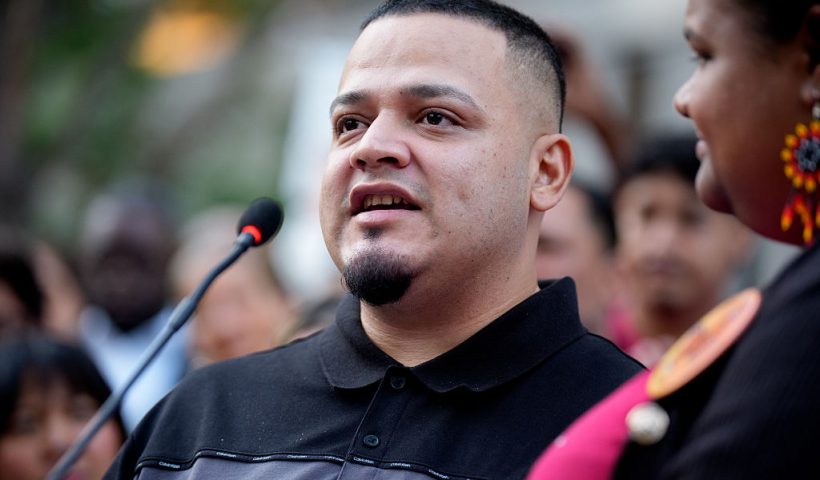 BALTIMORE, MARYLAND - AUGUST 25: Kilmar Abrego Garcia speaks during a rally and prayer vigil for him before he enters a U.S. Immigration and Customs Enforcement (ICE) field office on August 25, 2025 in Baltimore, Maryland. Three days after being released, Garcia has been detained again, as the U.S. Government is threatening to deport Garcia, a Maryland construction worker from El Salvador, to Uganda after he rejected a plea deal to be charged with Human Smuggling and deported to Costa Rica. Earlier this year Garcia was wrongfully deported to the notorious anti-terrorism prison CECOT in El Salvador. (Photo by Andrew Harnik/Getty Images)
