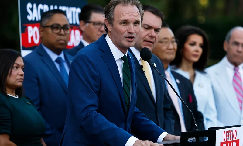 Republican Assembly member James Gallagher speaks during a press conference ahead of a meeting of the California State Assembly at the California State Capitol on August 21, 2025 in Sacramento, California. In a move to counter Texas House Republicans’ plans to redraw the state’s congressional maps ahead of the 2026 midterm elections, California Democrats are taking up a proposed constitutional amendment to temporarily redraw their own congressional maps, potentially creating five additional U.S. House seats for their party. (Photo by Justin Sullivan/Getty Images)