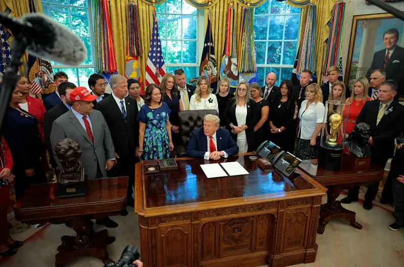 WASHINGTON, DC - AUGUST 25: U.S. President Donald Trump speaks as he meets with family members of victims of the "Abbey Gate" terrorist attack in the Oval Office at the White House on August 25, 2025 in Washington, DC. On August 26, 2021, ISIS-K carried out a terrorist attack at Hamid Karzai International Airport in Kabul, Afghanistan, killing 13 U.S. service members and approximately 170 Afghan civilians as they attempted to evacuate the country. (Photo by Chip Somodevilla/Getty Images)