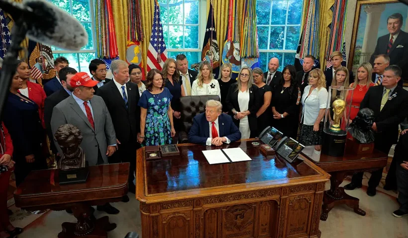 WASHINGTON, DC - AUGUST 25: U.S. President Donald Trump speaks as he meets with family members of victims of the "Abbey Gate" terrorist attack in the Oval Office at the White House on August 25, 2025 in Washington, DC. On August 26, 2021, ISIS-K carried out a terrorist attack at Hamid Karzai International Airport in Kabul, Afghanistan, killing 13 U.S. service members and approximately 170 Afghan civilians as they attempted to evacuate the country. (Photo by Chip Somodevilla/Getty Images)